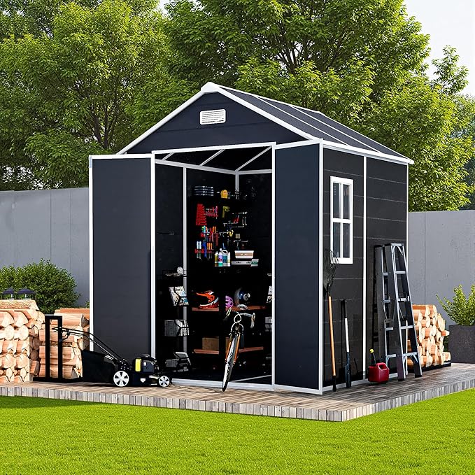 Outdoor Storage Shed 6x6 FT, Resin Shed with Floor & Window, Lockable Door, Vents, Outside Sheds & Garden Shed for Patio Furniture, Gardening Tools, Pool Equipment (Dark Gray, 6 * 6ft)