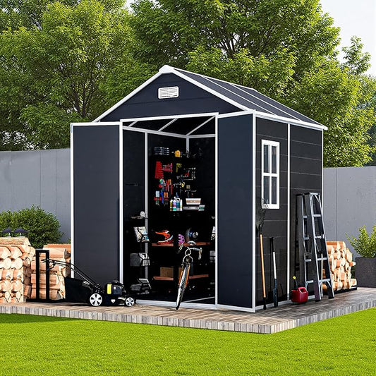 Outdoor Storage Shed 6x6 FT, Resin Shed with Floor & Window, Lockable Door, Vents, Outside Sheds & Garden Shed for Patio Furniture, Gardening Tools, Pool Equipment (Dark Gray, 6 * 6ft)