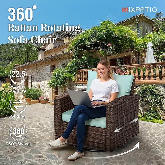 Swivel Glider Patio Furniture Set, 8 Pcs Wicker Rattan Outdoor Conversation Set, 2 x Swivel Chairs, 2 x Leg Chairs, 1 x 3 Seater Sofa and 2 x Ottomans and 56" Fire Pit Table, Blue