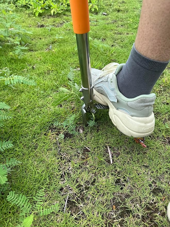 YYMIYU 52" Stand Up Weed Puller Tool – 4-Claw Stainless Steel Weeder with Grass-Pushing & Weed-Ejection Design – Heavy-Duty 0.8mm Steel Handle for Effortless Root Removal