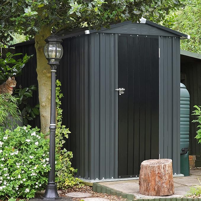 MUPATER 4 x 6 FT Outdoor Storage Shed, Galvanized Metal Garden Tool Shed, Patio Furniture Storage House with Slooping Roof, Lockable Door and Vents for Backyard and Garden, Grey