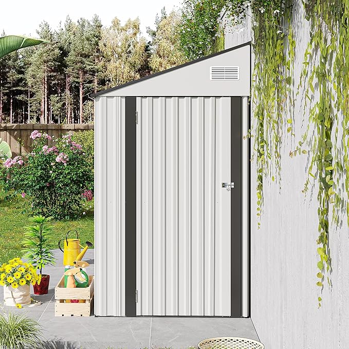 4×8 FT Outdoor Metal Storage Shed,Heavy-Duty Lean to Storage Shed with Lockable Single Side Hinge Door,Waterproof Metal Storage Tool House W/Sloping Roof,Air Vent&Protect Film,for Backyard,White