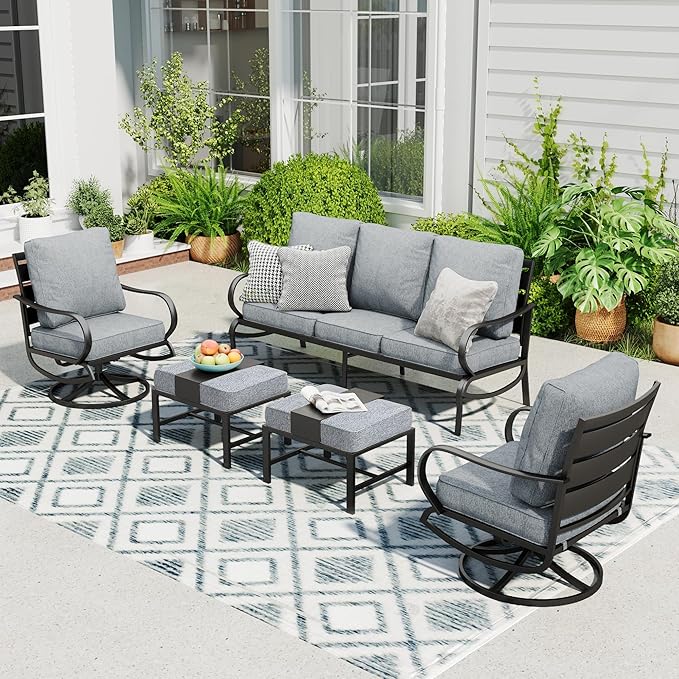 Sophia & William Patio Furniture Sets for 5 Outdoor Metal Conversation Sets 5 Pcs with 2 x Cushioned Swivel Sofa Chairs, 2 x Ottomans as Coffee Table, 1 x 3-Seat Sofa, Lawn Backyard Poolside Grey