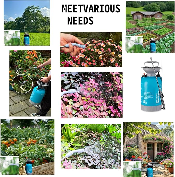 Upgraded Reinforced 1.3 Gallon Pump Pressure Sprayer-Watering for Plants, Weeds Control, Lawn Care with Adjustable Nozzles &Comfort Strap