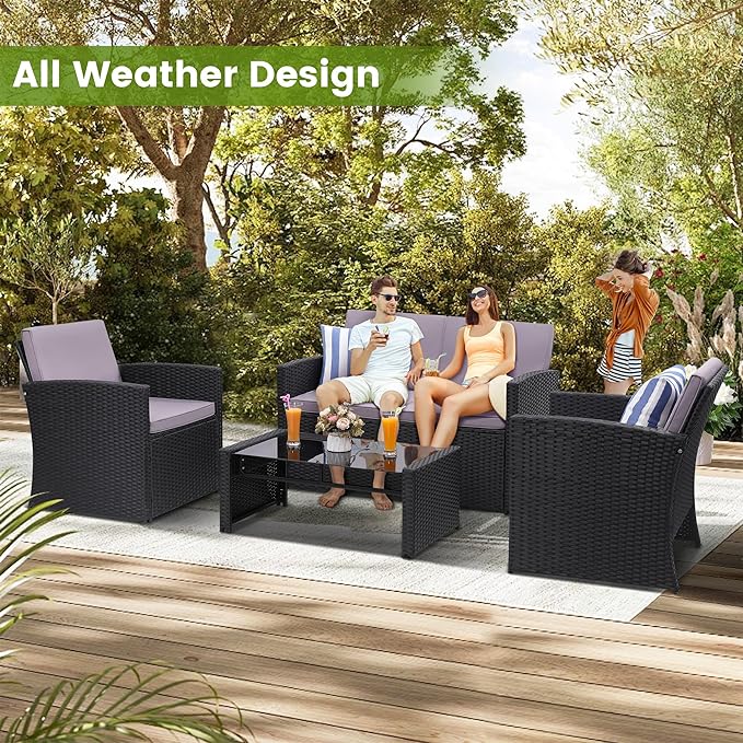 4 Pieces Patio Conversation Set, Outside Rattan Sectional Sofa, Cushioned Furniture Set, Wicker Sofa Ideal for Garden, Porch, Backyard, Black Color Rattan and Light Grey Cushion