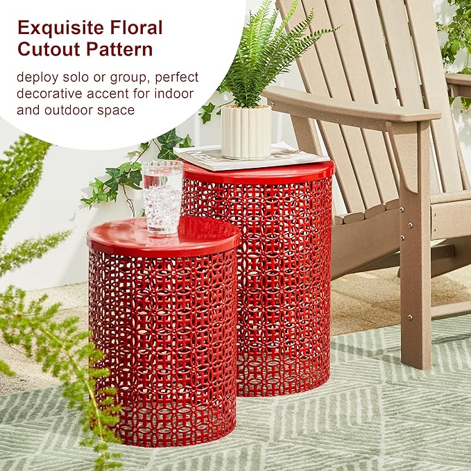 Glitzhome Outdoor Side Table Set of 2, Decorative Garden Stool for Indoor Outdoor Heavy Duty Metal Frame Accent Table Modern End Table, Glossy Red