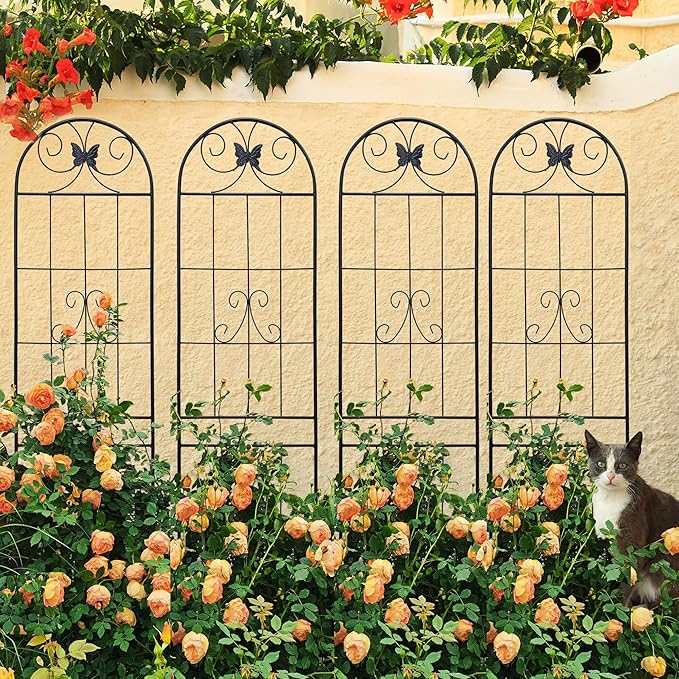 4 Pack Metal Garden Trellis 86.7" Tall Outdoor Climbing Plant Support for Roses, Flowers, Rustproof Durable Black Galvanized Tube, Lawn Garden Fence Decor Screen (4pcs, 86.7" H)