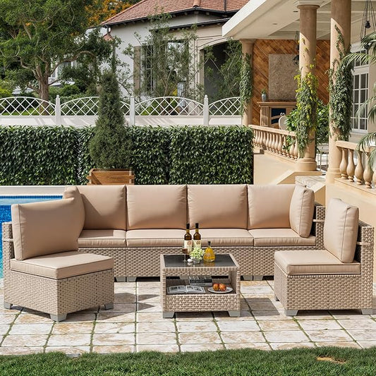 7 Pieces Patio Furniture Set, Outdoor Sectional Wicker Sofa with Thick Cushions and Storage Coffee Table, Rattan Patio Conversation Sets for Deck Yard Poolside, Khaki