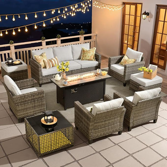 HOOOWOOO Outdoor Patio Furniture Set,9 Pieces Wicker Conversation Set,All Weather Couch Set with Fire Pit Solar Light Table Chairs Ottoman 9 Seaters for Out Door Yard(Light Gray)