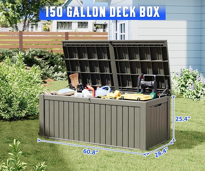 NUNU LAB 150 Gallon Outdoor Storage Box,Resin Large Sturdy Deck Box, Backyard Outside Storage Box Waterproof with Double Wall Panels,Package Delivery Garden Outdoor Hose