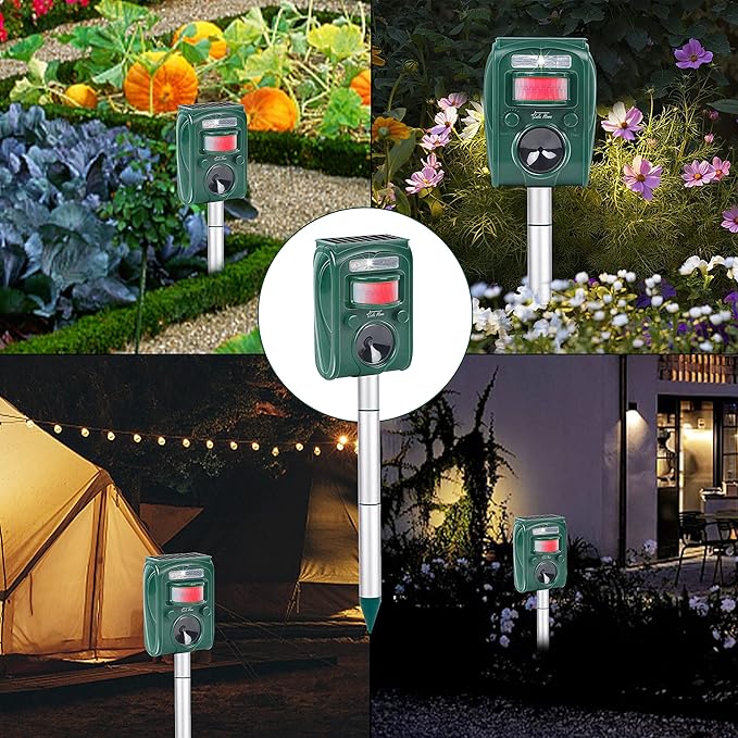 Lulu Home Ultrasonic Animal Repeller, Outdoor Weatherproof Solar Powered Rodent Repeller with Motion Activated Flashing LED Light, Repel Dogs, Cat, Squirrels, Raccoon, Rabbit, Fox & More