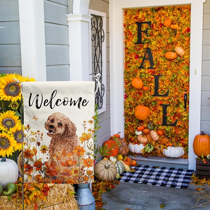 Floral Golden Doodle Garden Flag Fall Yard Flag Wildflower Dog Garden Flags Orange Autumn Lawn Flags Welcome Thanksgiving Outdoor Flags for Outside 12x18 Double Sided Small