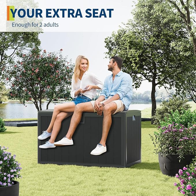 130 Gallon Outdoor Storage Box, Waterproof Deck Box, Lockable Storage Bin, Suitable for Patio Furniture, Pool Accessories, Gardening Tool, Faux Wood Grain Black