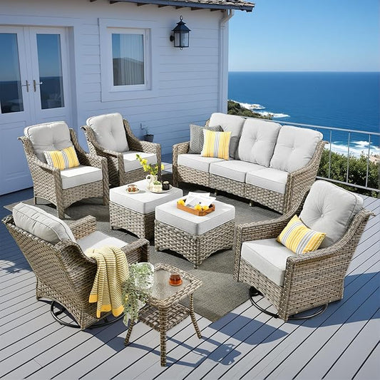 8 Pieces Patio Outdoor Furniture Set with Swivel Rocking Chairs,All Weather Wicker Rattan Patio Seating Sofa and Chair Set w/Ottoman,Outdoor Conversation Sets for Deck Yard Garden,Grey