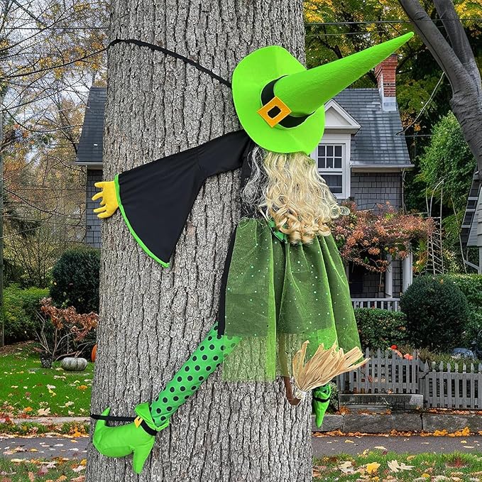53" Halloween Crashing Witch Decoration – Green Flying Witch Tree Prop for Yard, Porch, Patio, Lawn – Funny Outdoor Halloween Decor for Garden, Fence, and Door