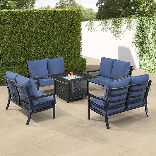 Oakland Living Black Aluminum Patio Fire Table Set with Four Deep Seating Loveseat with Cushions with Blue Cushions