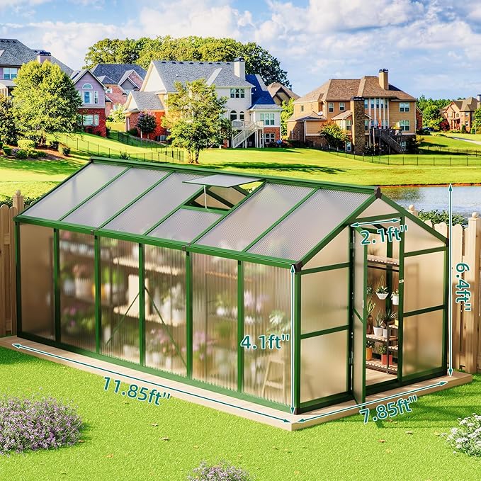 Garvee 8x12 FT Greenhouse - Aluminum Greenhouses for Outdoors, Large Polycarbonate Greenhouse with Roof Vent, Heavy Duty Walk-in Green Houses for Outside Garden, Backyard, Patio, Lawn, Easy Assembly