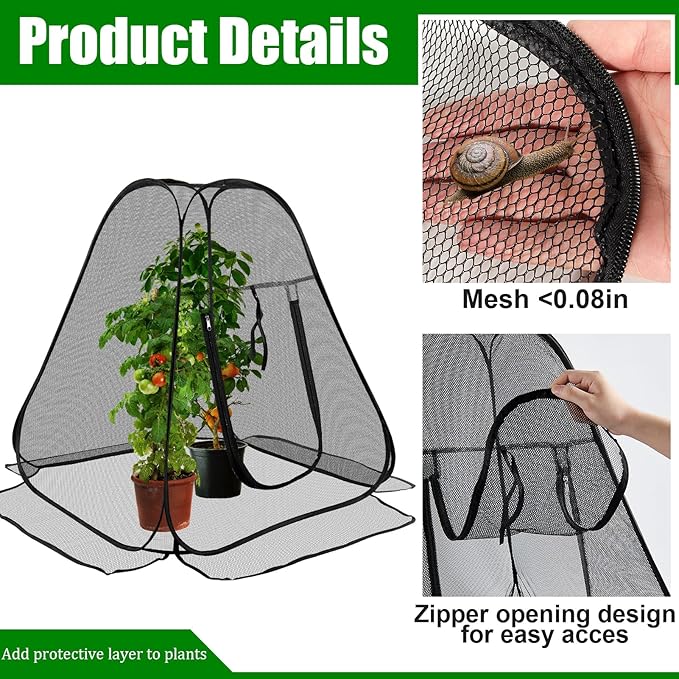 RGQSUN 2 Pack 28 x 28 x 32 Inch Pop-up Gardening Net Cover,Pest Guard Cover with Zip Entry and 8 Stakes,Fine Mesh Plant Tents for Vegetables Fruits Flowers