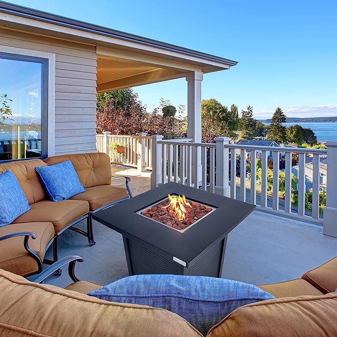 SereneLife 28" Propane Gas Fire Pit Table - 40,000 BTU Outdoor Fireplace with Cover, Stainless Steel Burner & Control Panel, Adjustable Flame, Weather Resistant, Easy Assembly, Outdoor Décor