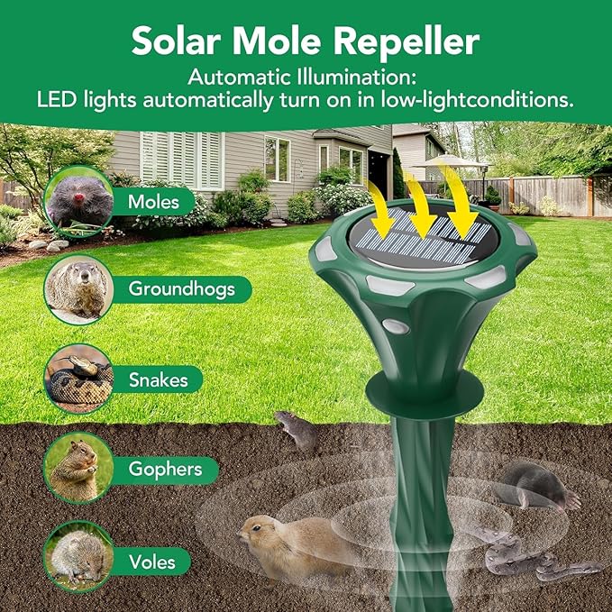 Mole Repellent Solar Powered, 2 Pack Snake Repellent for Yard Waterproof Motion Detection LED Flash Light, Ultrasonic Skunk Repellent Get Rid of Mole, Vole, Rabbit, Gopher, Raccoon, Deer