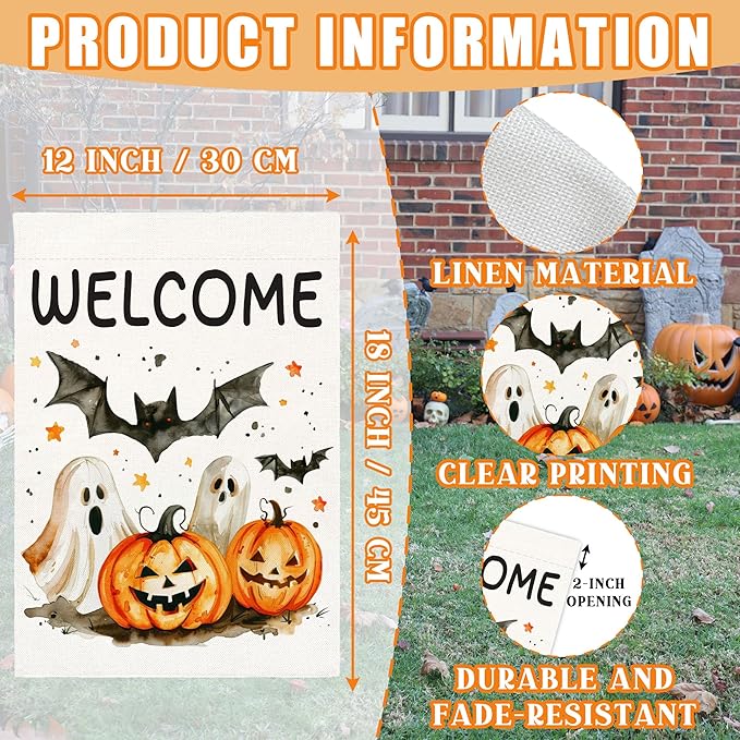 Welcome Halloween Garden Flag for Outside, 12x18 Inch Double Sided Halloween Pumpkin Ghost Bats Yard Flag, Farmhouse Small Yard Flags for Outdoor Decorations, Holiday Decor Gifts-A01