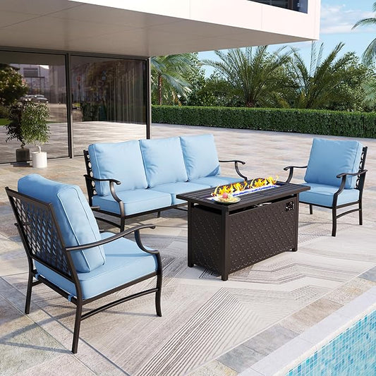 Patio Furniture Set with Firepit Table, 4 Pcs Metal Outdoor Conversation Set, 2 Single Chairs and 3 Seater Sofa with 5.75" Extra Thick Cushion and Gas Fire Pit Table for Backyard Deck, Blue