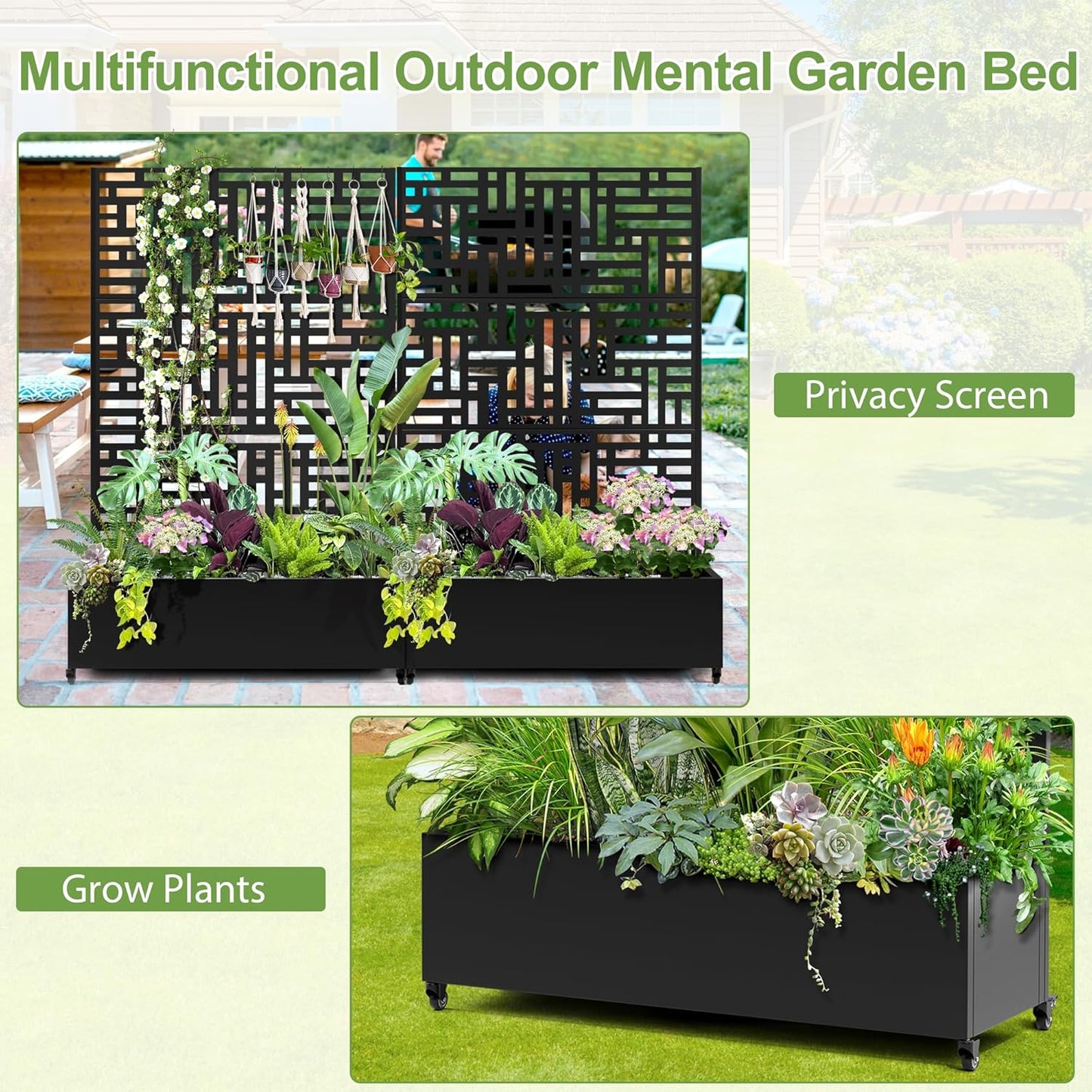 Raised Garden Bed with Trellis and Wheels,73"x47"x16" Metal Raised Garden Bed,Black Modern Metal Planter with Climbing Trellis for Vines & Vegetables