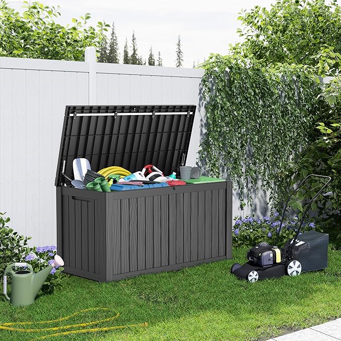 150 Gallon Large Deck Box,Resin Outdoor Storage Box with Lockable for Patio Furniture, Pool Accessories, Garden Tools Waterproof Outside Storage Box, Black