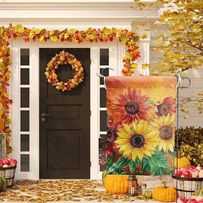 Fall Garden Flag Sunflower Yard Flag for Outside Late Summer Flags 12x18 Double Sided Welcome Autumn Thanksgiving Holiday Outdoor Decorations