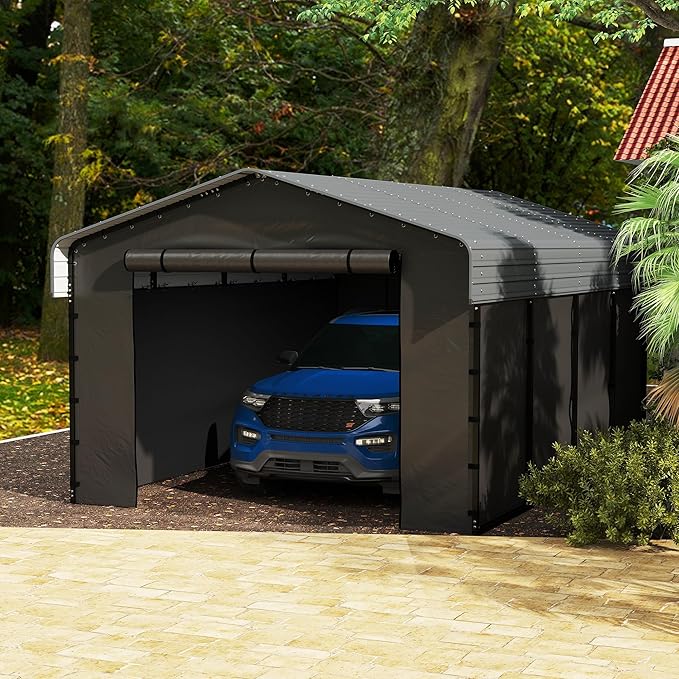 12x20FT Metal Carport Kits with Galvanized Steel Roof, Heavy Duty Metal Frame Carports Canopy with Removable Sidewalls, Garage Car Tent Shelter for Tractors, Boat, Car, Gray