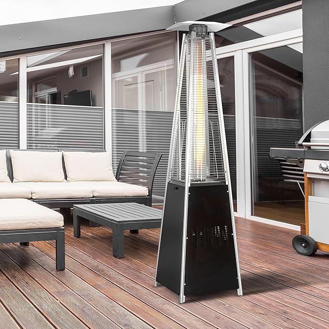 Nuu Garden 48,000 BTU Pyramid Patio Heater, Outdoor Propane with Quartz Glass Tube and Wheels, Hammered Bronze Tower for Terrace and Garden, Black