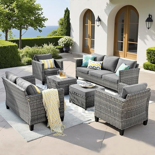 ovios Patio Furniture Set, 6 Pieces Outdoor Wicker Sofa Couch with Loveseat, Ottomans and Comfy Cushions, All Weather High Back Rattan Conversation Set, Dark Grey