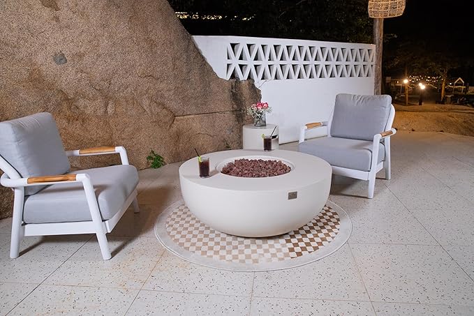 AMS Creations | Eclipse 44" Round Cast Concrete Natural Gas Fire Pit Bowl Table | Cream White | Smooth Texture Surface | Electronic Ignition | Outdoor Patio Heater Outside Backyard Fireplace