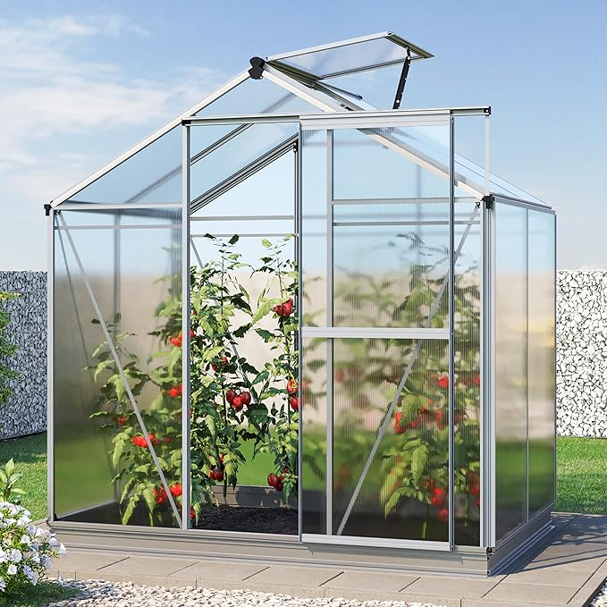 Greenhouse Jasmin 2 Aluminum Frame - 6.3 x 4.3 ft Approx. 6 mm Polycarbonate Panels - Bonus Base Frame and Automatic Vent Opener