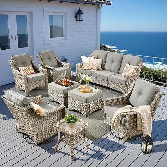 8 Pieces Patio Outdoor Furniture Set with Swivel Rocking Chairs,All Weather Wicker Rattan Patio Seating Sofa and Chair Set w/Ottoman,Outdoor Conversation Sets for Deck Yard Garden,Dark Grey