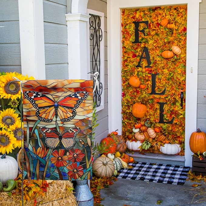 Monarch Butterfly Garden Flags for Outside Fall Flag Stained Glass Floral Yard Flag Spring Summer Decorative Flags 12x18 Double Sided Small Seasonal Lawn Flags Rustic Outdoor Decor
