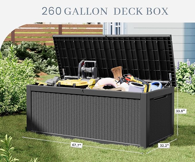 NUNU LAB 260 Gallon Outdoor Storage Box,Resin Large Sturdy Deck Box, Backyard Outside Storage Box Waterproof with Double Wall Panels,Package Delivery Box,Garden Box,Tool Box,Outdoor Hose Storage Bin