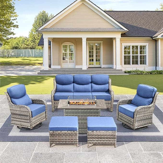 Luxury High Back Outdoor Furniture 6-Inch Thick Cushions with 50,000 BTU Gas Propane Fire Pit Tablet, Patio Furniture Set with Swivel Chairs, 6 PCS for Porch, Balcony, Deck and Yard