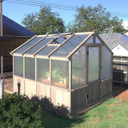 MUPATER 8' x 8' Wooden Polycarbonate Greenhouse with Ventilated Window & Lockable Door, 6mm Polycarbonate Panels for UV Protection, Walk-in Greenhouse for Outdoors, Patio, Backyard, Brown