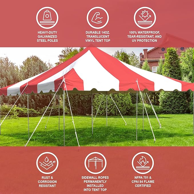 Party Tents Direct 20'x 20' Weekender Canopy Pole Tent with Sidewalls - Easy Up Canopy Tent with 80 Person Capacity - Outdoor Canopies for Parties, Weddings, and Events (Red/White)