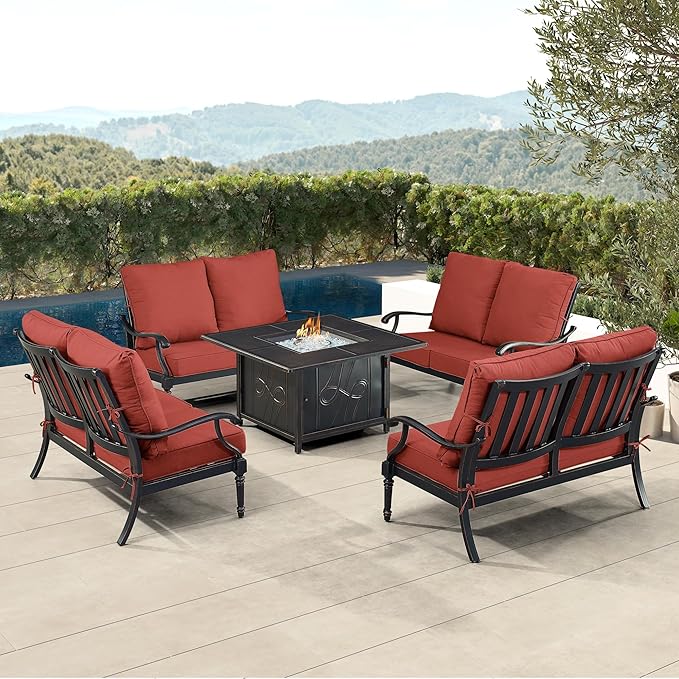 Oakland Living Black Aluminum Patio Fire Table Set with Four Deep Seating Loveseat with Cushions with Red Cushions