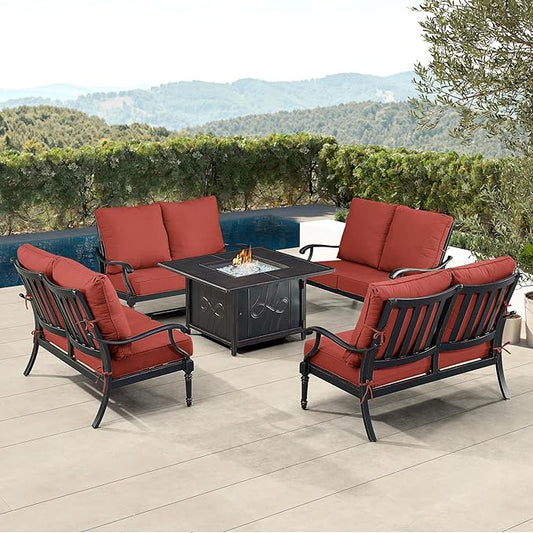 Oakland Living Black Aluminum Patio Fire Table Set with Four Deep Seating Loveseat with Cushions with Red Cushions