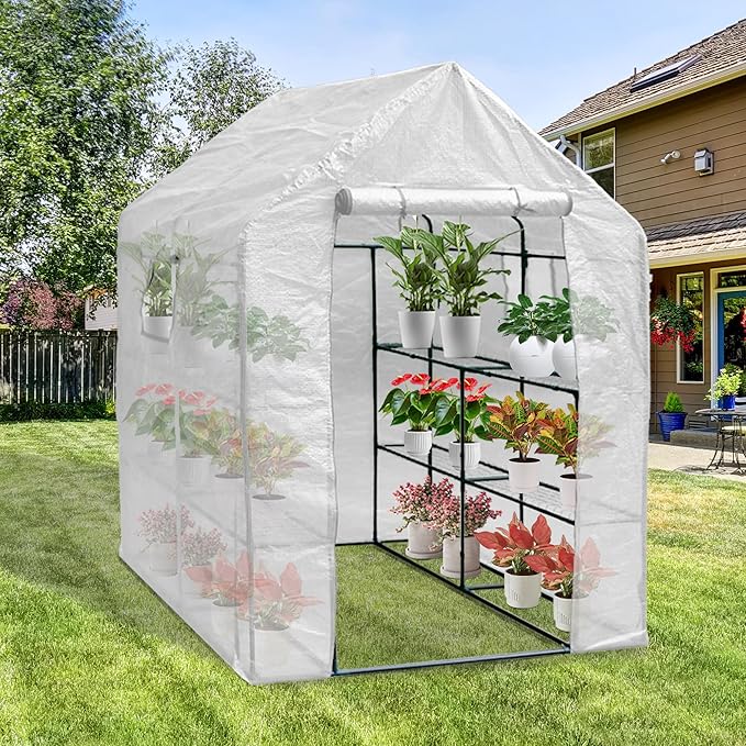 56" x 56" x 77" Portable Walk-in Greenhouse with Windows, Shelves and Anchors, Indoor Outdoor Greenhouse with Watering System, Zippered Door and Windows, PE Cover, White
