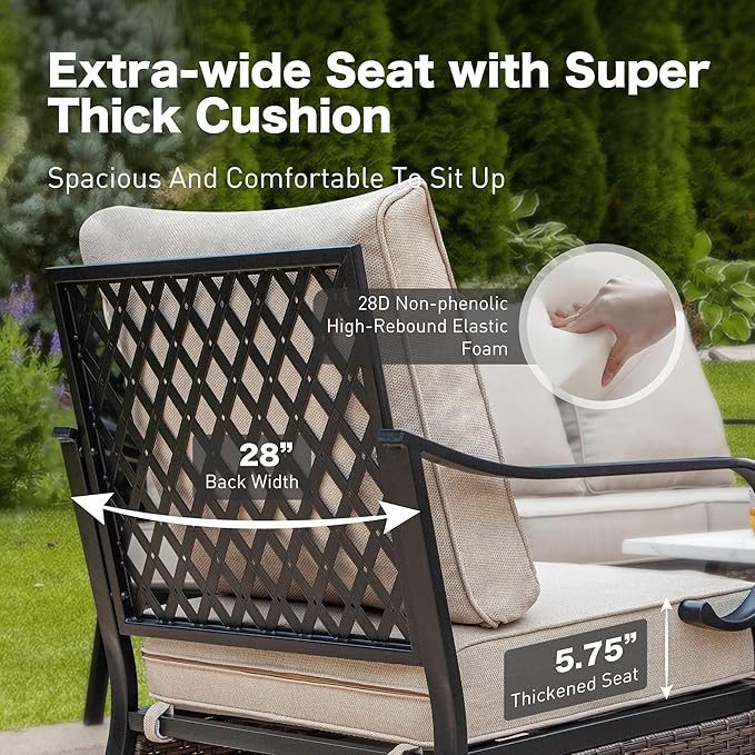 4 Piece Black Metal Outdoor Patio Furniture Sets with Firepit Table, Patio Conversation Sets 1 3-Seater Sofa, 2 Swivel Sofa with 5.75" Thick Cushion Backyard Furniture for Deck, Beige