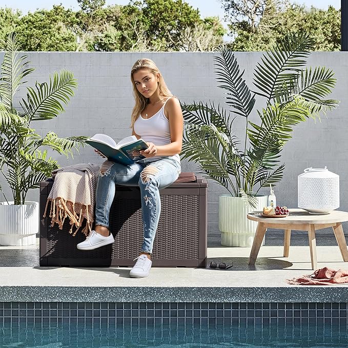 Flamaker Deck Box with Cushion 100 Gallon Waterproof Resin Storage Box with Air Rod Indoor Outdoor Lockable Storage Bench for Patio Furniture, Tools, Pool Accessories (Deep Brown)