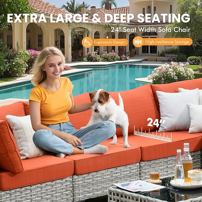 Outdoor Sectional Patio Furniture Set with Fire Pit Table and Glowing Table,8 Pieces Wicker Conversation Sets L Shaped Couch Out Door Sofa Set Outside Furniture for Garden Deck Yard,Orange Red