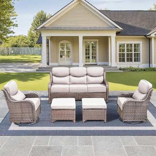 Luxury High Back Outdoor Furniture with 6-Inch Thick Cushions, Patio Furniture Set with Swivel Chairs, 5 PCS Wicker Conversation Set for Porch, Balcony, Deck and Yard
