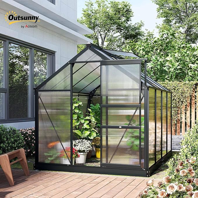 Outsunny 6' x 8' Greenhouse for Outdoors, Polycarbonate Greenhouse with Rain Gutter and Roof Vent, Aluminum Walk-in Green Houses for Outside for Patio Backyard Garden, Gray