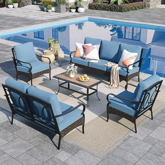 Sophia & William Patio Furniture Set, 5 Piece Metal Outdoor Conversation Set with 3-Seater Outdoor Couch, 2 Sofa Chairs, 1 Loveseat,1 Coffee Table for Outdoor Seating, Backyard, Porch(Navy)