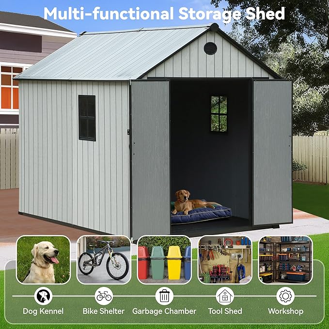 Resin Shed, Outdoor Shed with Floor, Outside Storage Sheds with Lockable Door, Window, Vents for Backyard, Garden, Lawn (7FT x 9FT)
